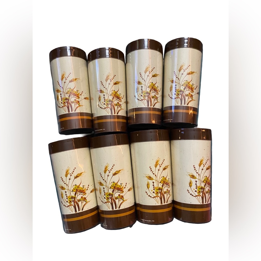 1982 Thermo Serv Wheat Stalk Brown Plastic Insulated Tumblers Lot Of 8